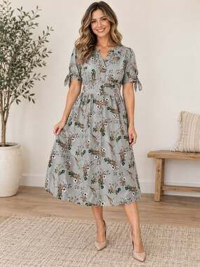 Polagram Floral Midi Dress Blue Gray V Neck Button Front Tie Sleeve Lined Size M